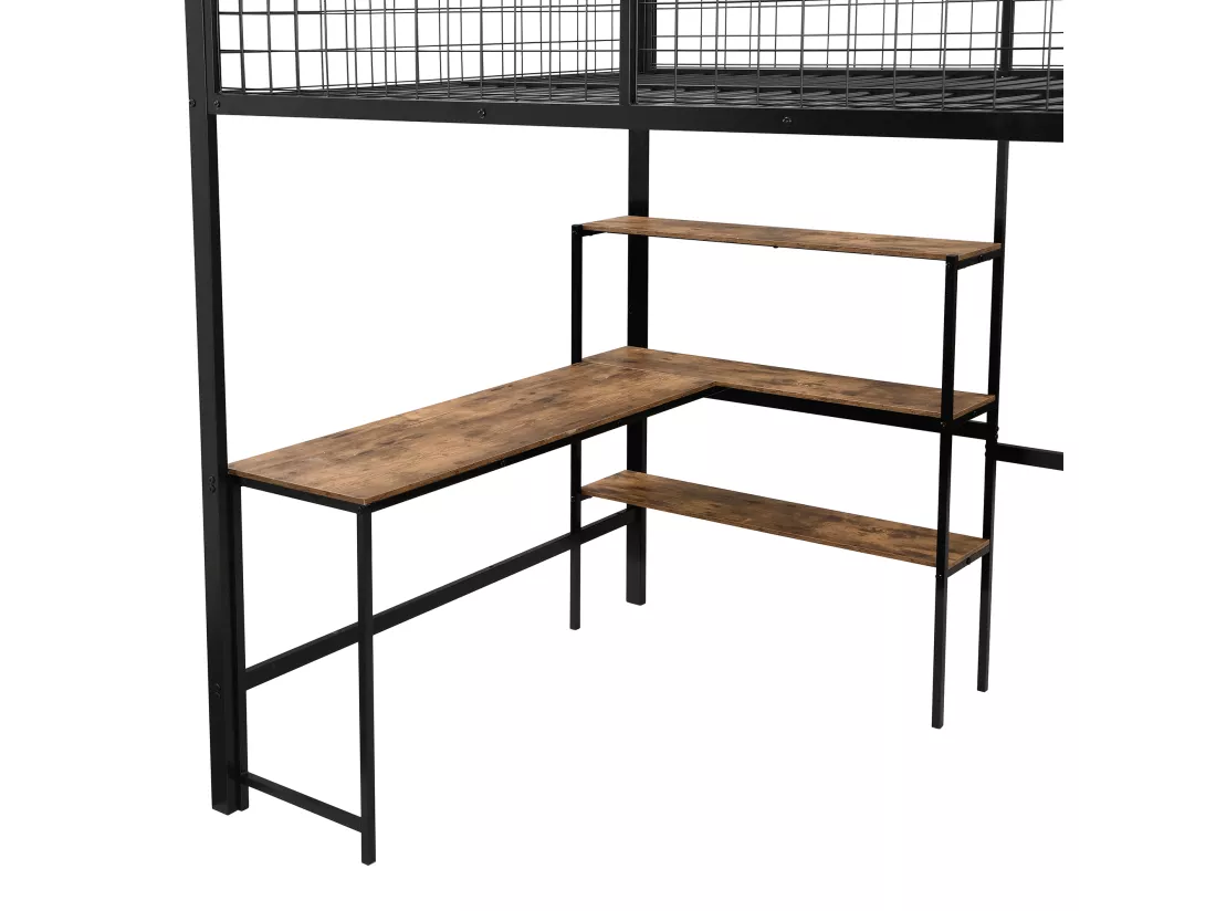 Lit mezzanine 140x200 cm - cadre en fer - avec un bureau et étagères - Noir