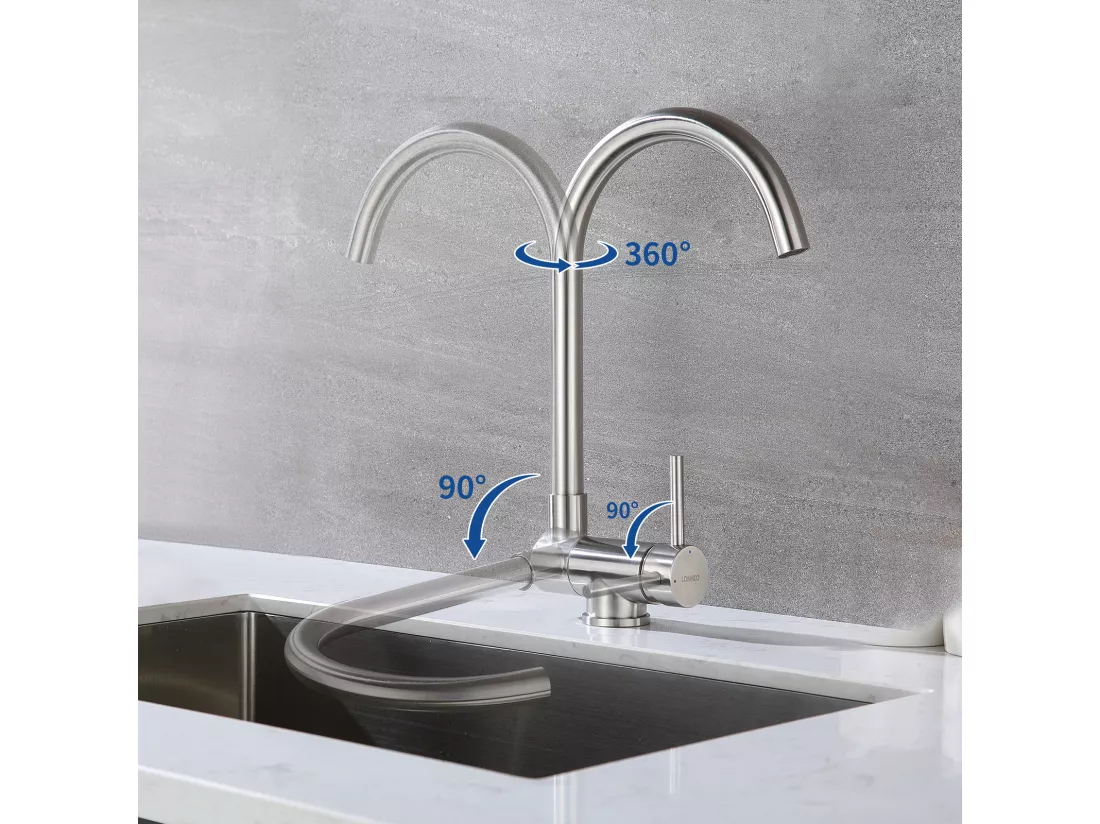 Robinet Cuisine Rabattable Mitigeur d'évier Pivotant 360°Robinetterie Inoxydable Brossé avec barboteur démotable,pour Évier contre fenêtre,EU Modèle