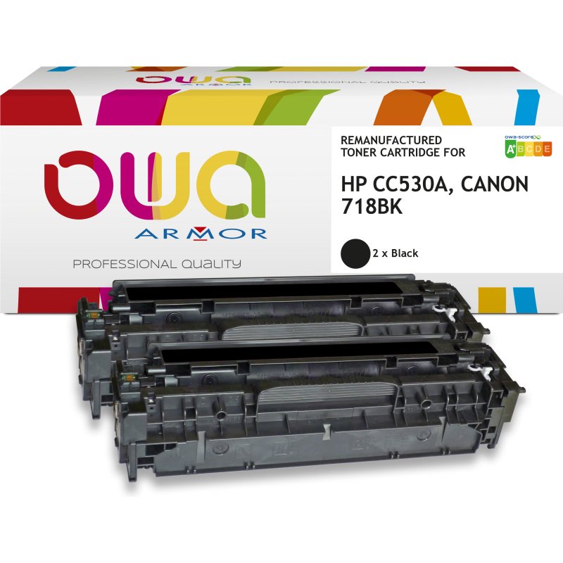 Pack de 2 toner remanufacturé OWA - standard - Noir - pour HP CC530A, CANON 718BK