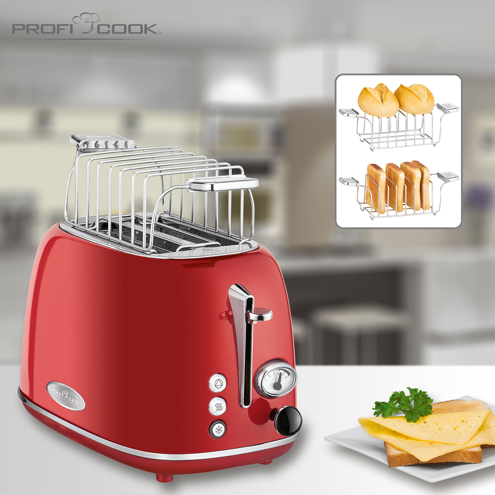 PROFICOOK 2 Scheiben-Toaster - rot-Edelstahl - mit Krümelschublade