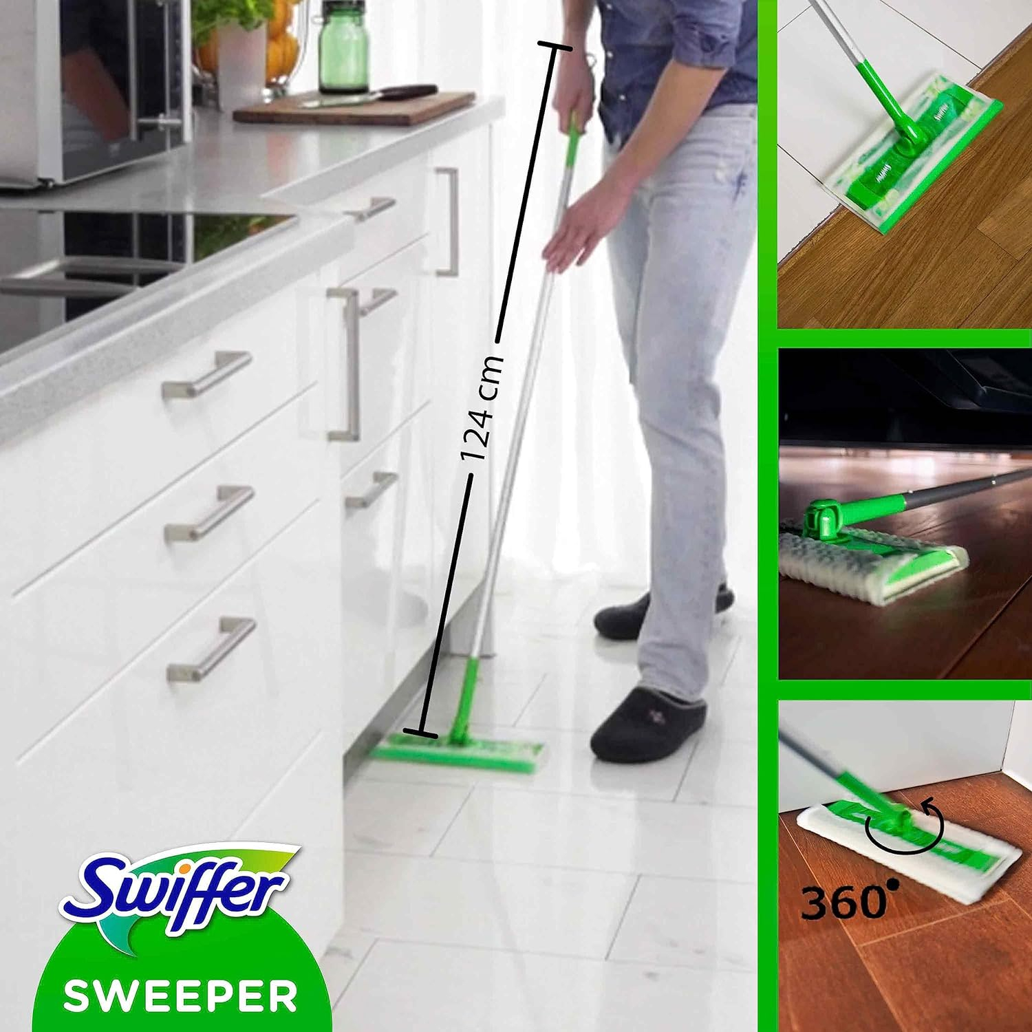Staubmagnet Starterkit Universal Flachwischer Bodenstab mit 8 Trocken   3 Nass Tücher (1923)