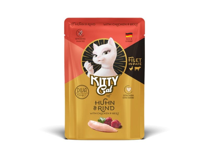 KITTY Cat Nassfutter Filét Paté Pouch Huhn, Rind 85 g Alleinfuttermittel für ausgewachsene Katzen