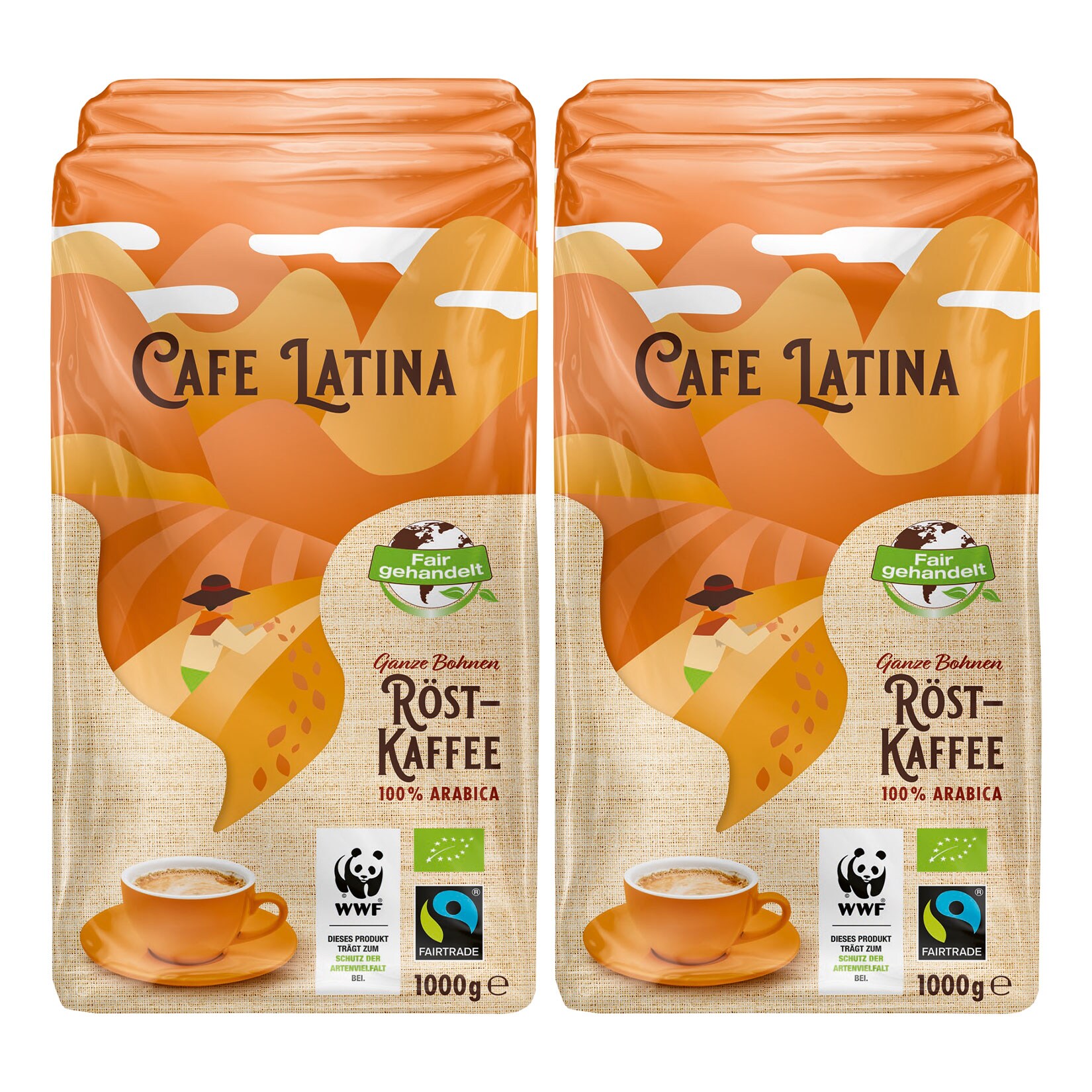 Cafe Latina Bio Fairtrade ganze Bohne 1 kg, 4er Pack