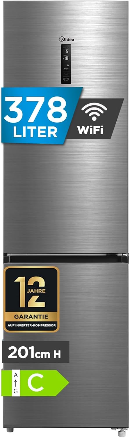Midea MDRB521MIC46A Kühl-/Gefrierkombination/No Frost/WiFi-Steuerung/Inverter Kompressor/201 cm hoch / 59,5 cm breit /70 cm tiefe/177 kWh/Jahr/256 L Kühlteil/122 L Gefrierteil, Front Inox