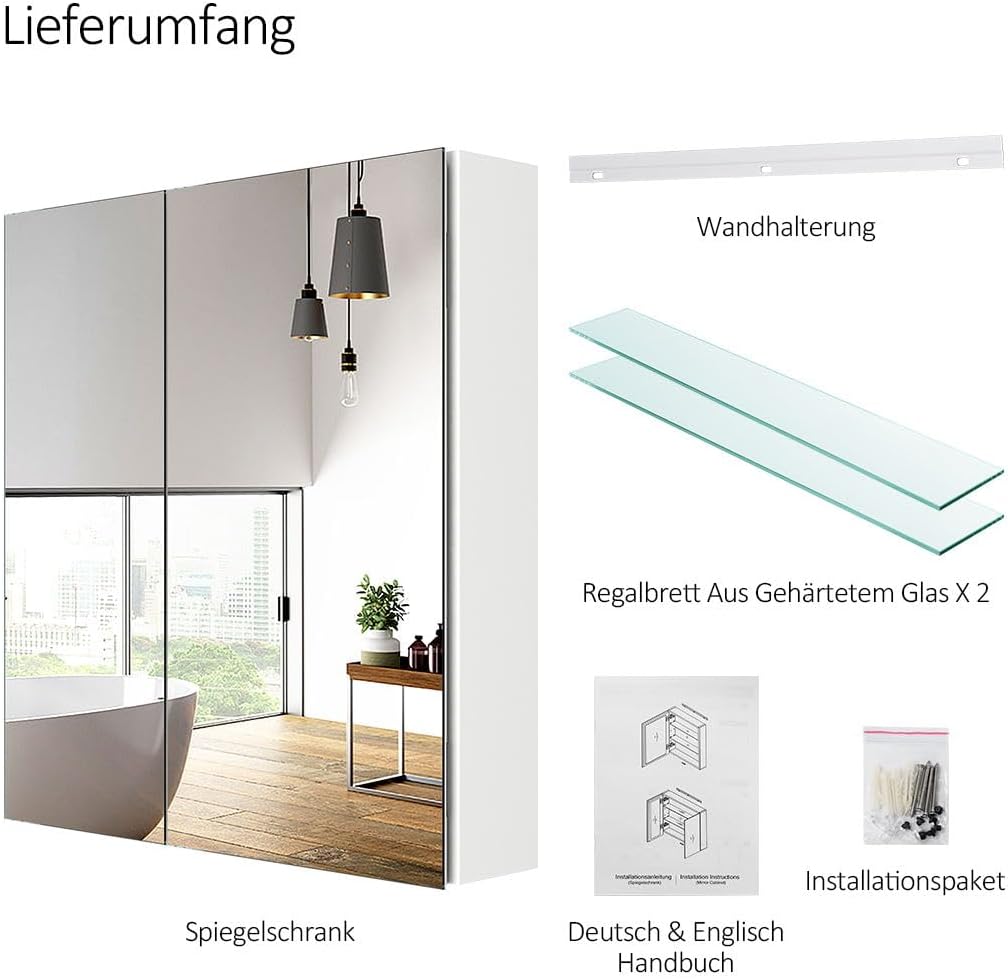 EMKE Spiegelschrank mit Innenspiegel, weißer Badezimmerspiegelschrank, 2-türig, Aluminium-Spiegelschränke Bad 60 x 65 x 14,5 cm, Bad-Spiegelschrank mit höhenverstellbarer Glasablage
