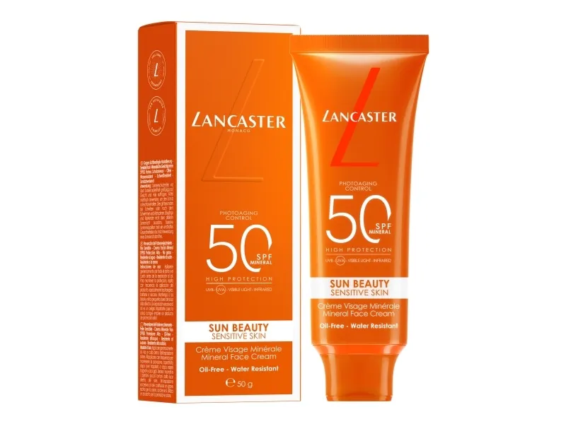 Lancaster Sun Beauty Sensitive Skin Mineral Face Cream SPF 50, Solcreme, Ansigt, Rør, Fugte, Beskyttelse, Lindrende, Sensitiv hud, 50 ml