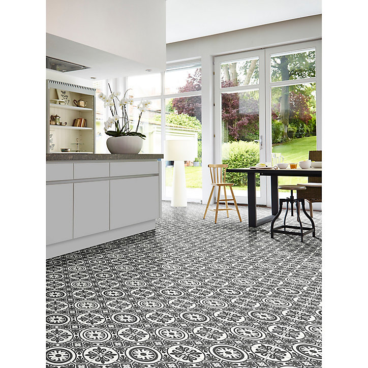 Revêtement sol PVC Plaza effet carreau de ciment noir et blanc 4m (vendu au m²)