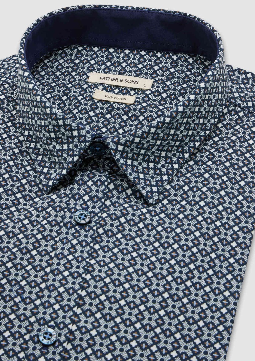 Chemise sport Slim en popeline de coton blanc à motif fantaisie bleu indigo