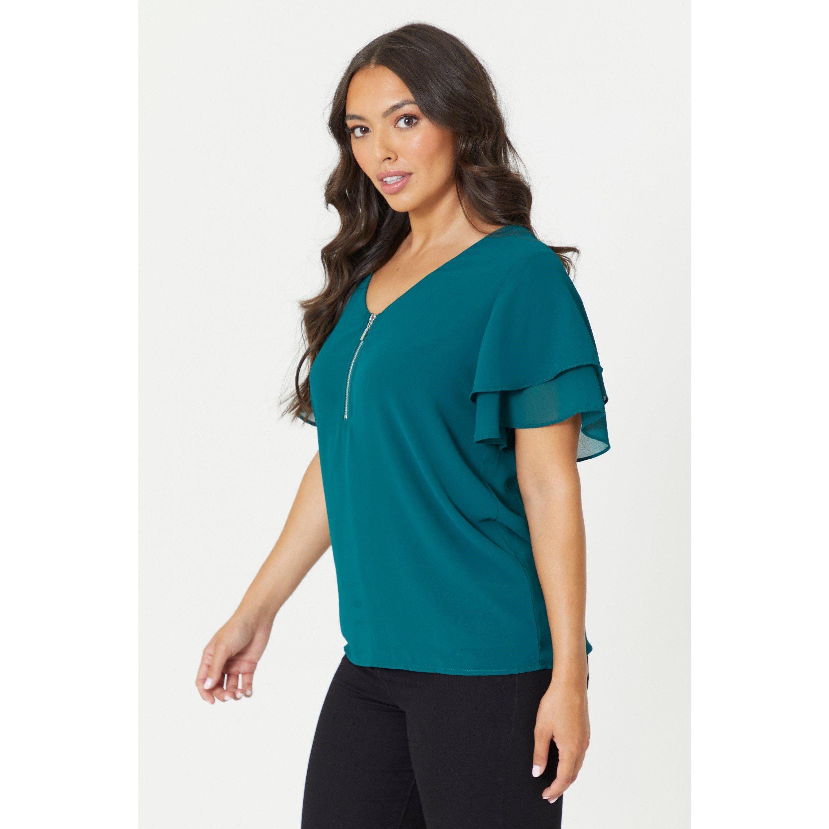 Be You Ladies Flutter Sleeve Zip Chiffon Top