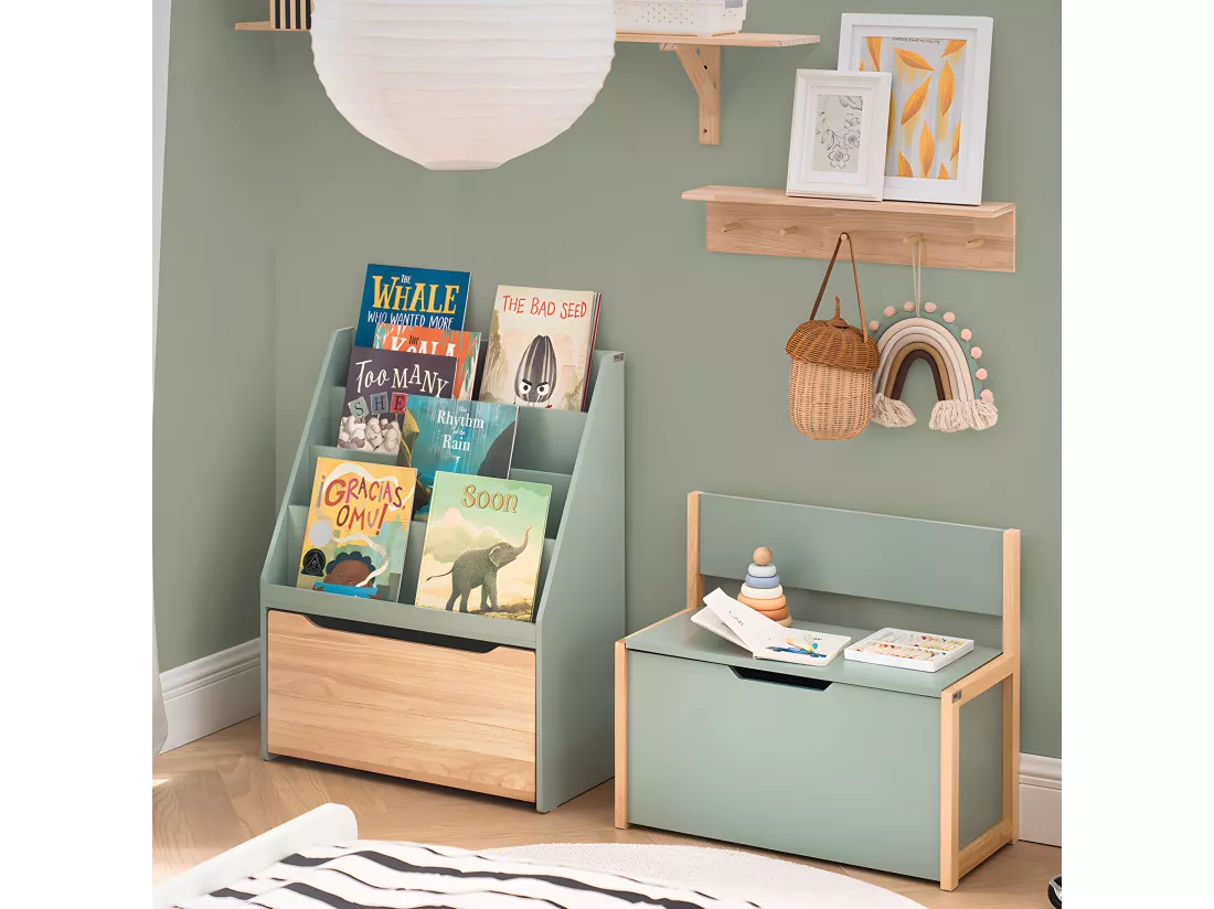SoBuy Banc Coffre à Jouet pour Enfants, Coffre de Rangement 2 en 1, Banc de Rangement avec Dossier pour Enfant, Meuble de Rangement, Vert, 64x30x55 cm, KMB94-GR