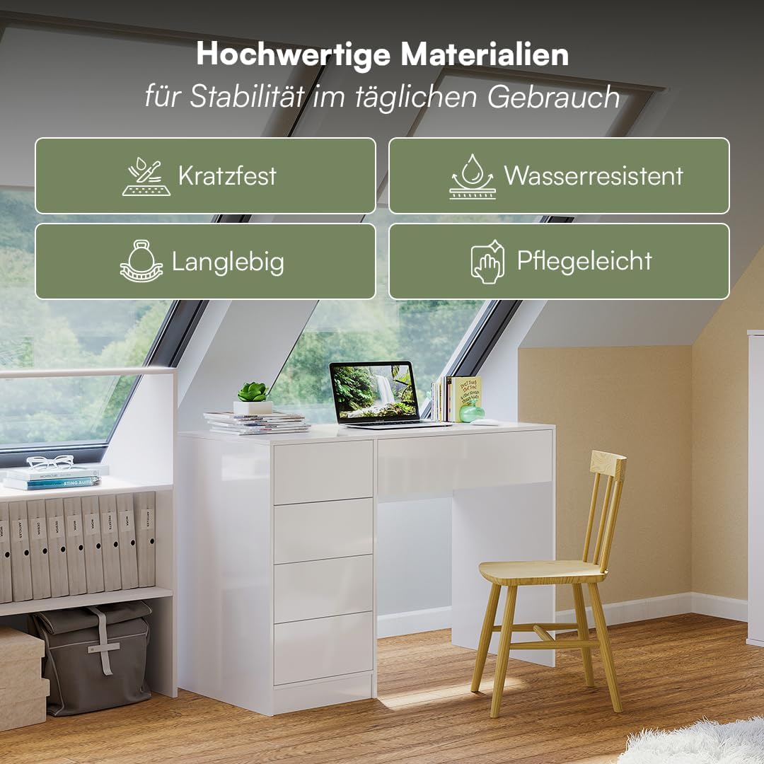 Bellamio Livny Schreibtisch Hochglanz weiß mit 5 Schubladen – Schminktisch ohne Spiegel – White Desk with Drawers 80x53x110 cm – Jugendschreibtisch - Bürotisch mit Schubladen beidseitig montierbar