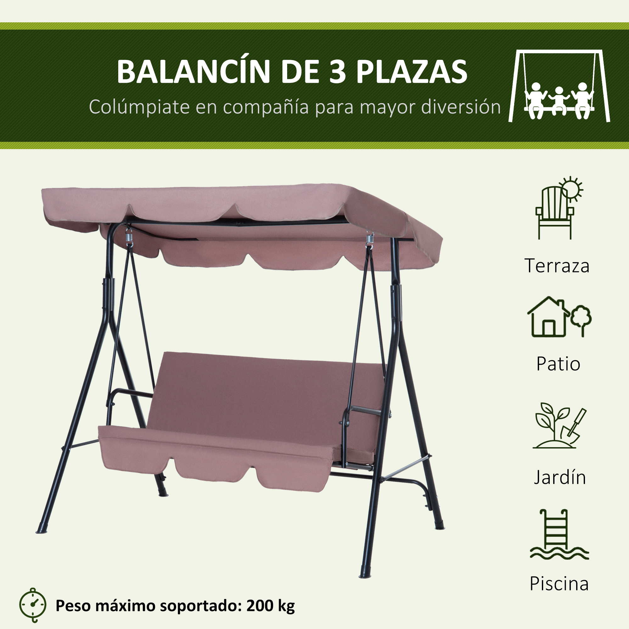 Balanço de jardim Outsunny de 3 lugares com cobertura, teto impermeável com ângulo ajustável para pátio externo, varanda, carga máxima de 200 kg, aço, 172 x 110 x 153 cm, marrom