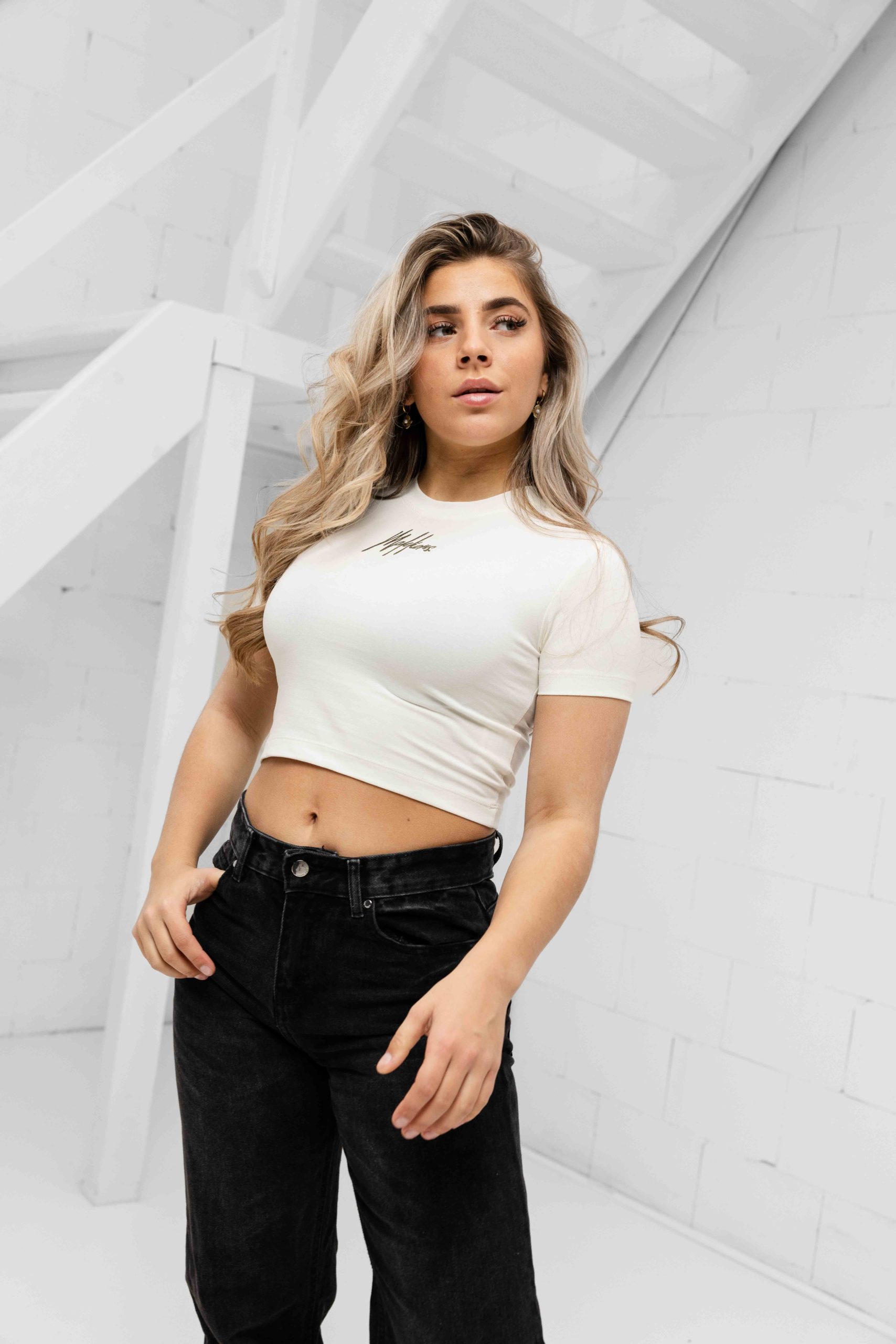 Malelions Signature Crop Top Dames Gebroken Wit