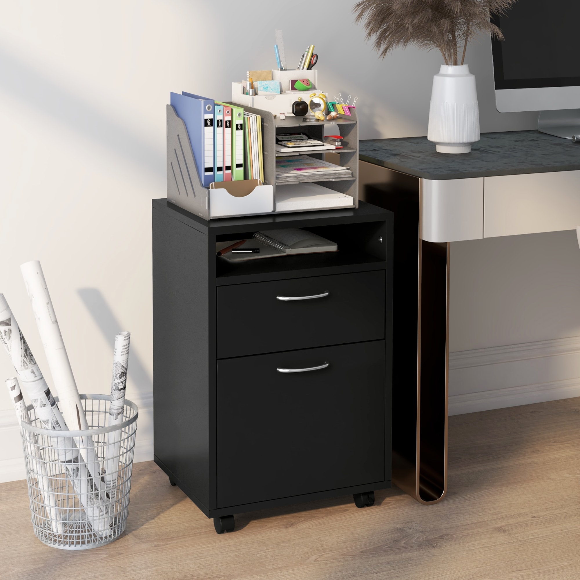 HOMCOM Aktenschrank mit Rollen schwarz 40L x 35B x 60H cm