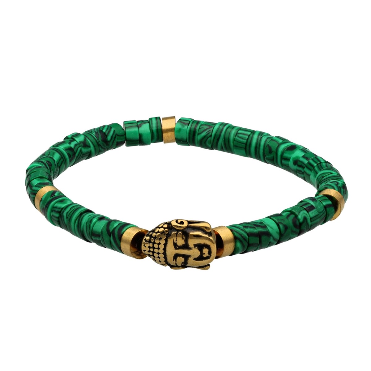 Bracelet Perles Heishi Pierres Naturelles Malachite Bouddha Doré Acier-XS-14cm