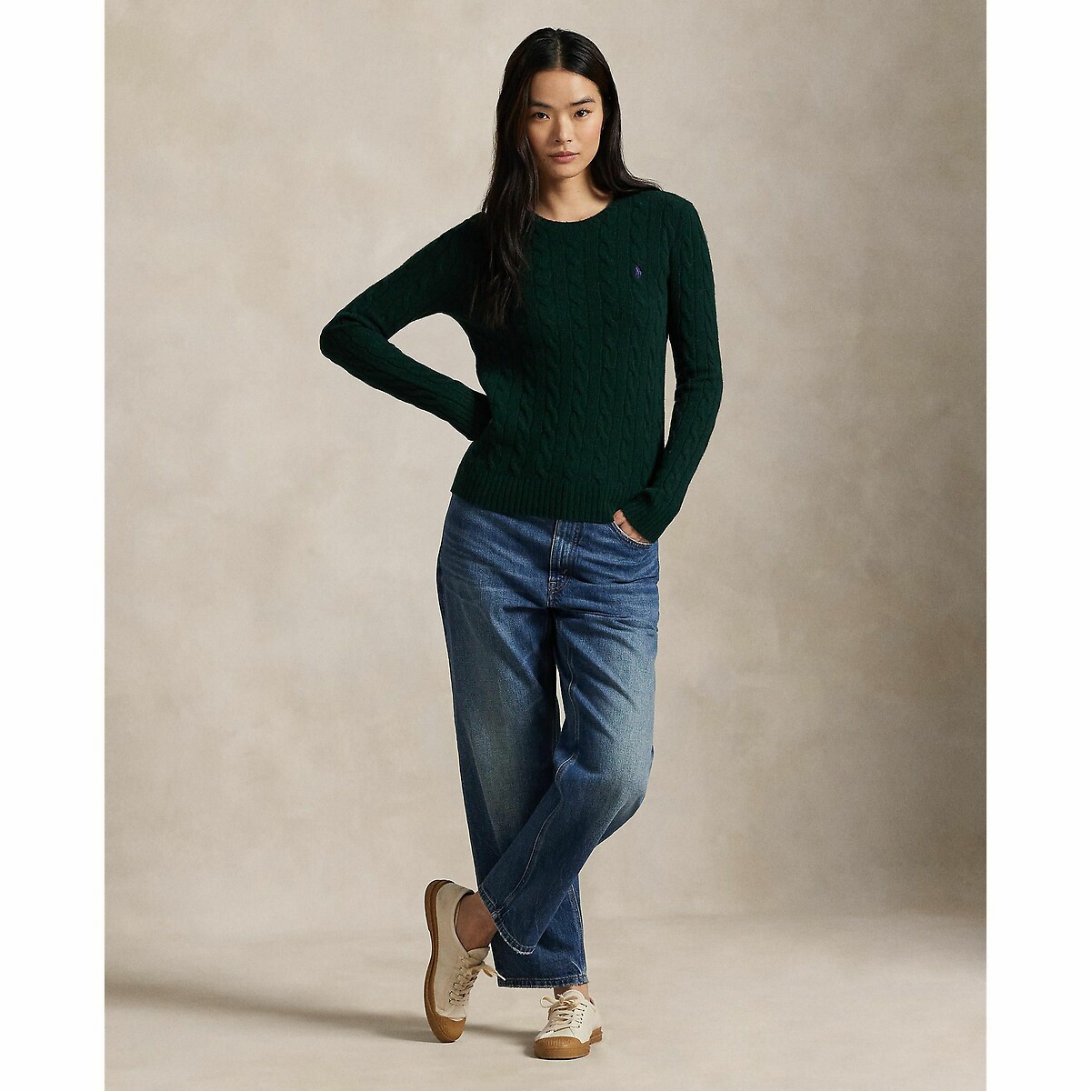 POLO RALPH LAUREN<br>Suéter de gola redonda, tricô trançado em lã e cashmere