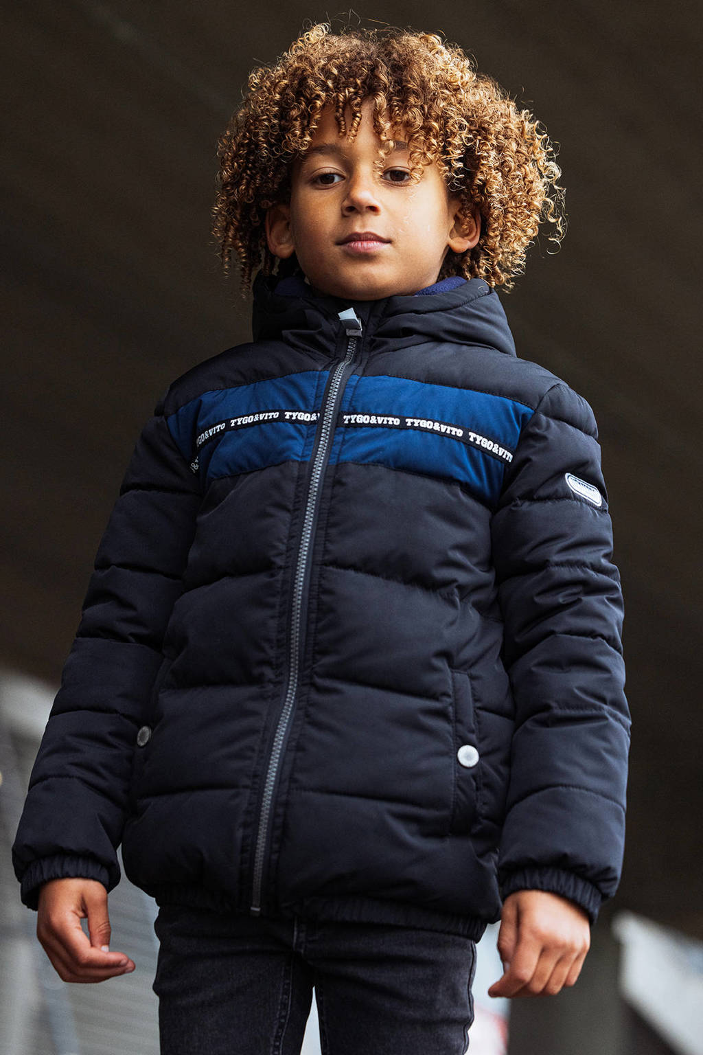 TYGO & vito gewatteerde winterjas Jordi zwart/blauw