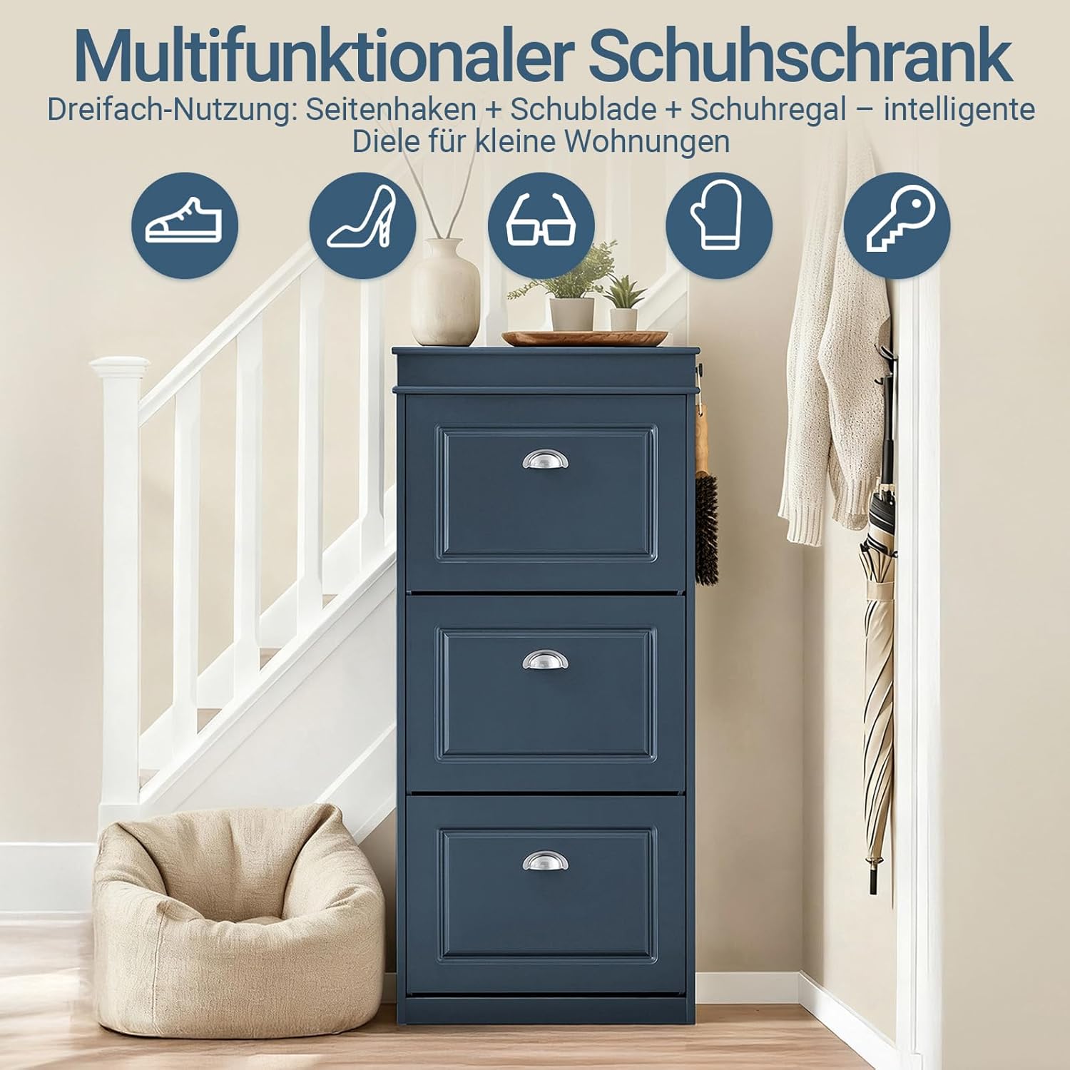 SoBuy Schuhschrank mit Schublade und Haken- Schuhregal Schuhkipper Schmal – 3 Klappen für bis zu 12 Paar Schuhe – Ideal für Flur & kleine Räume – MDF(E1), Blau, 53x24x118cm – FSR94-B