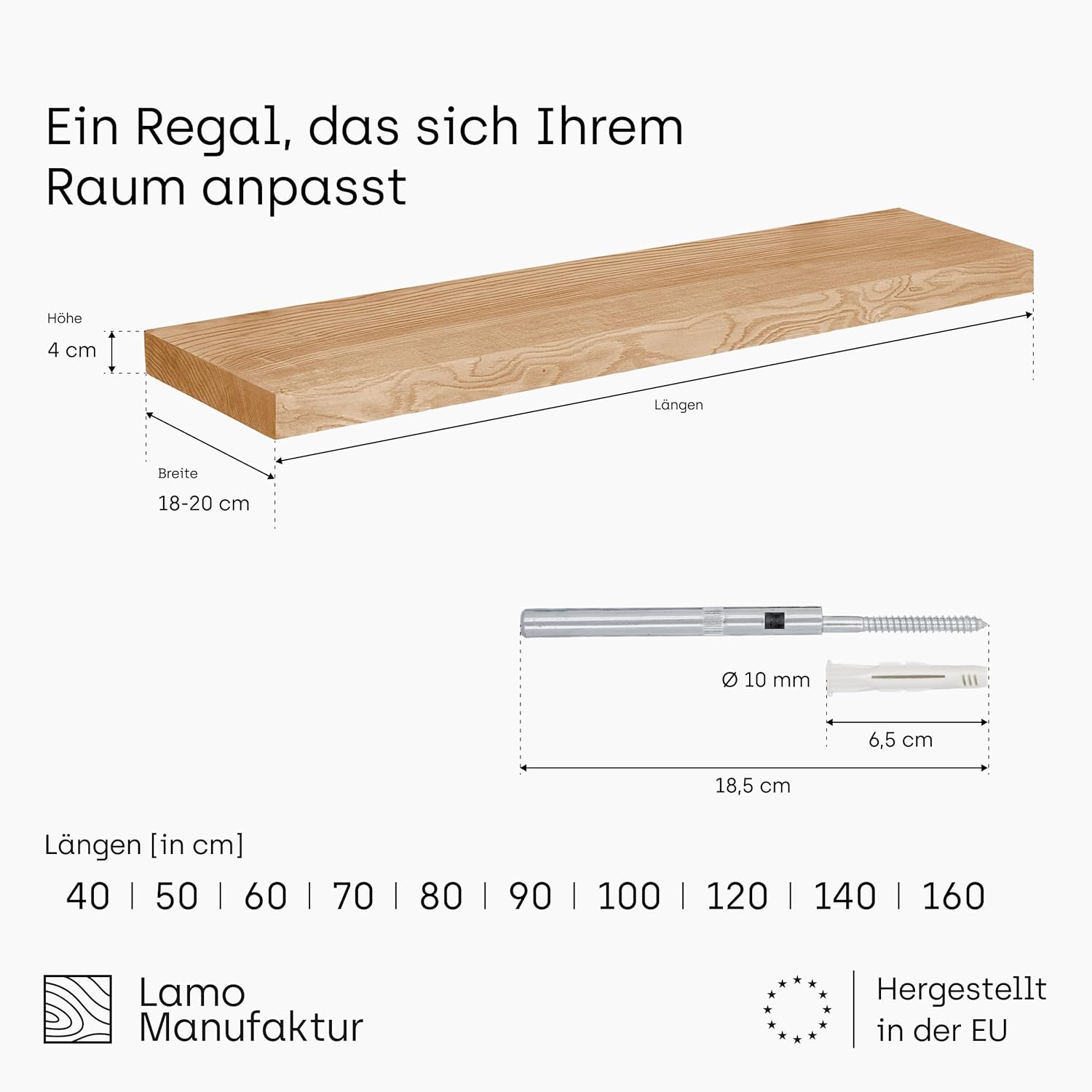 LAMO Manufaktur Schweberegal Holz mit unsichtbarer Befestigung | Wandregal 140 cm breit für Wohnzimmer, Home Office | Farbe: Roh, Kante: gerade | Massivholz, modernes Design, Schwebende Optik