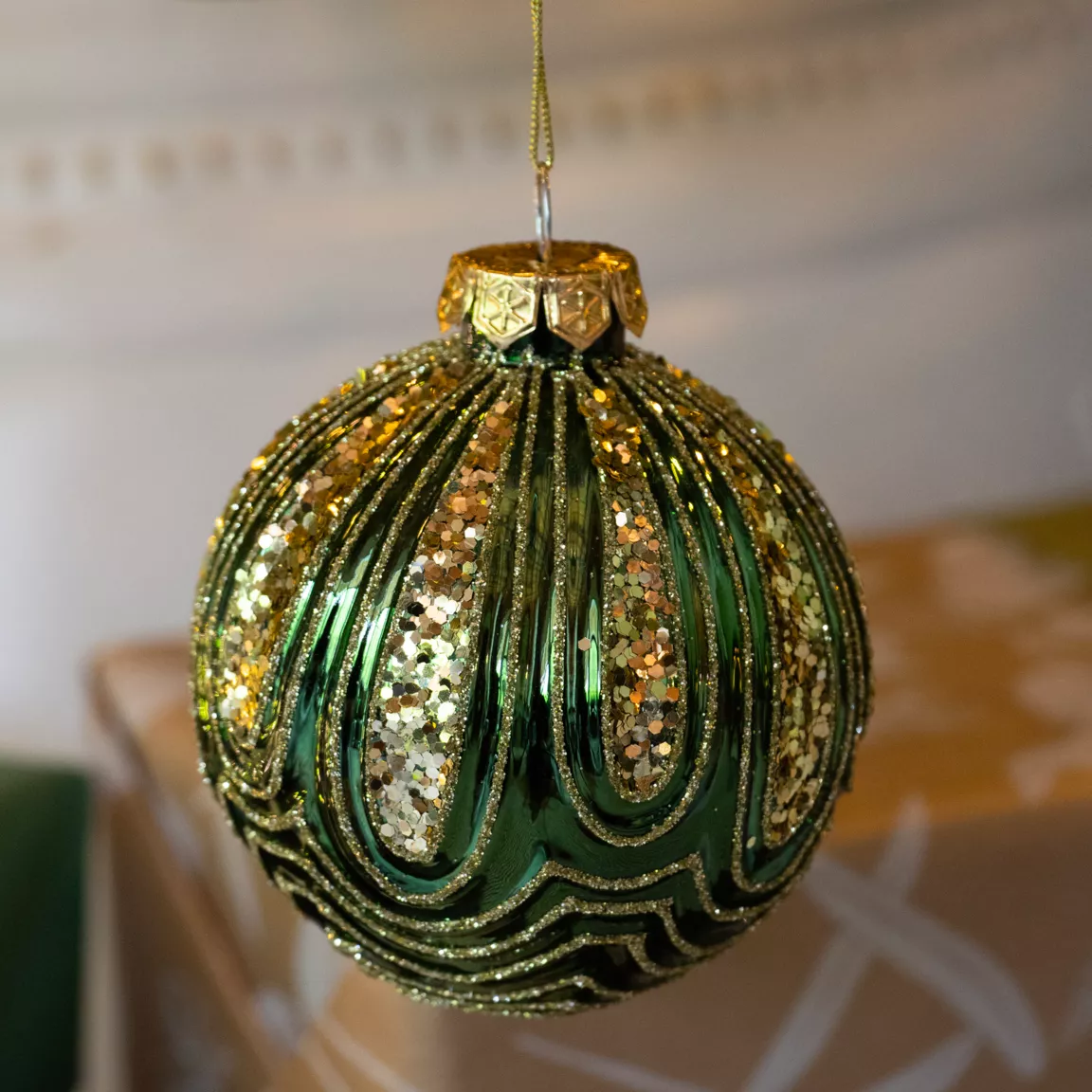 Lot de 12 boules de Noël en verre (D80 mm) Gatsby Vert sapin pailleté