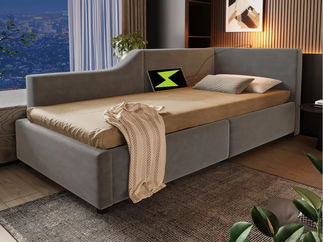 Lit coffre 90x190cm - Lit banquette en velours - avec liseuse et ports de charge - avec sommier à lattes - Gris