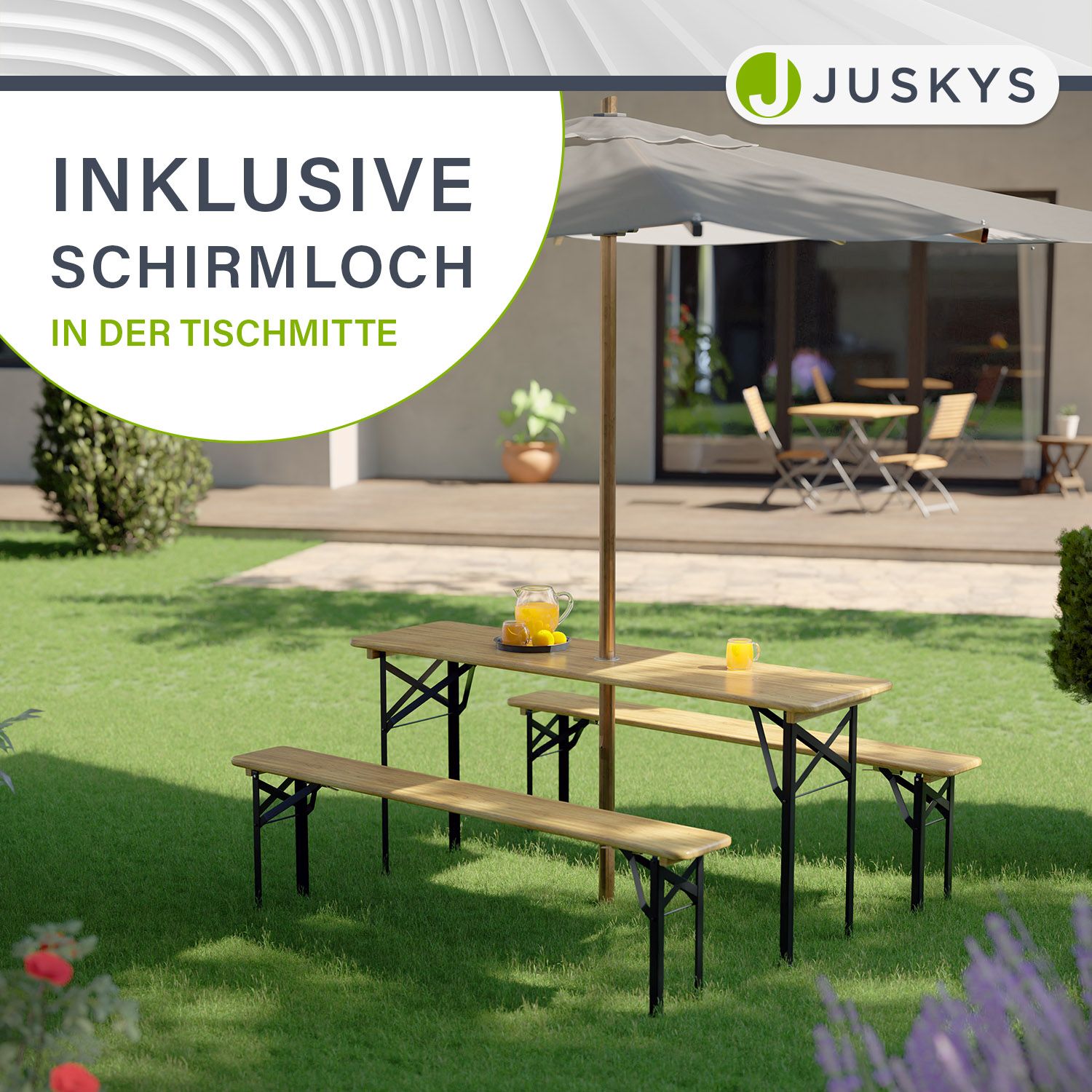 Juskys Bierzeltgarnitur Bichl 3-teilig klappbar - Gartenmöbel-Set aus 1 Biertisch + 2 Bierbänke