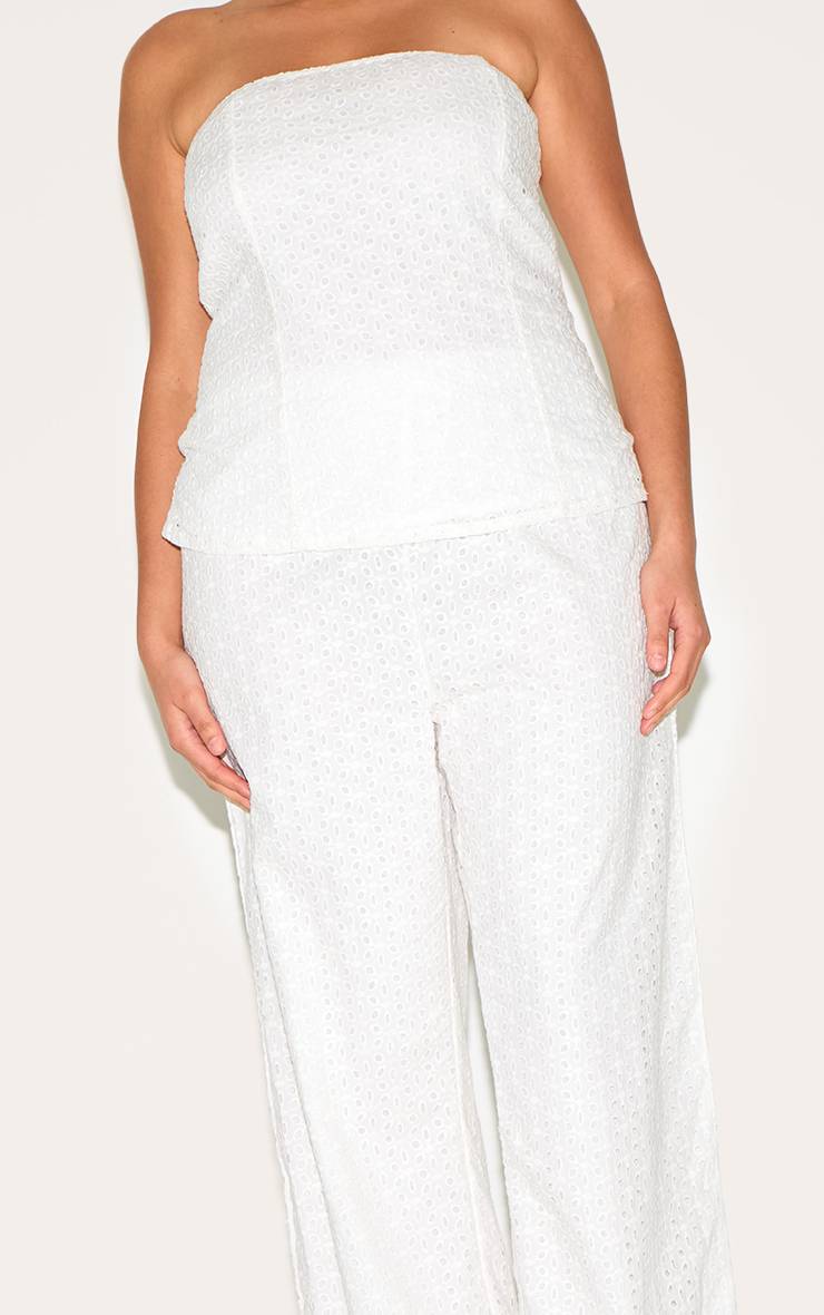 Blanc Pantalon Grande Taille Taille Mi-haute En Lin Brodé Coordonné