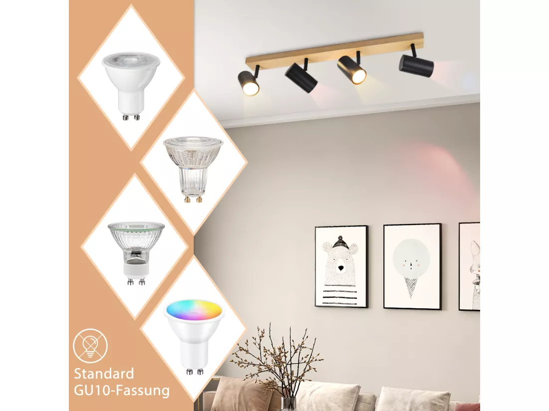NETTLIFE Spot de plafond 4 flammes plafonnier en bois noirs GU10 orientable 350° vintage