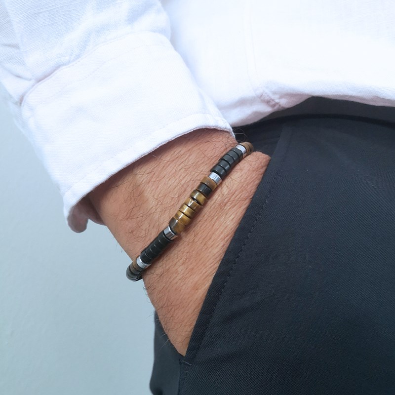 Bracelet Pierres Heishi oeil De Tigre Et Agate Noire-XS-14cm