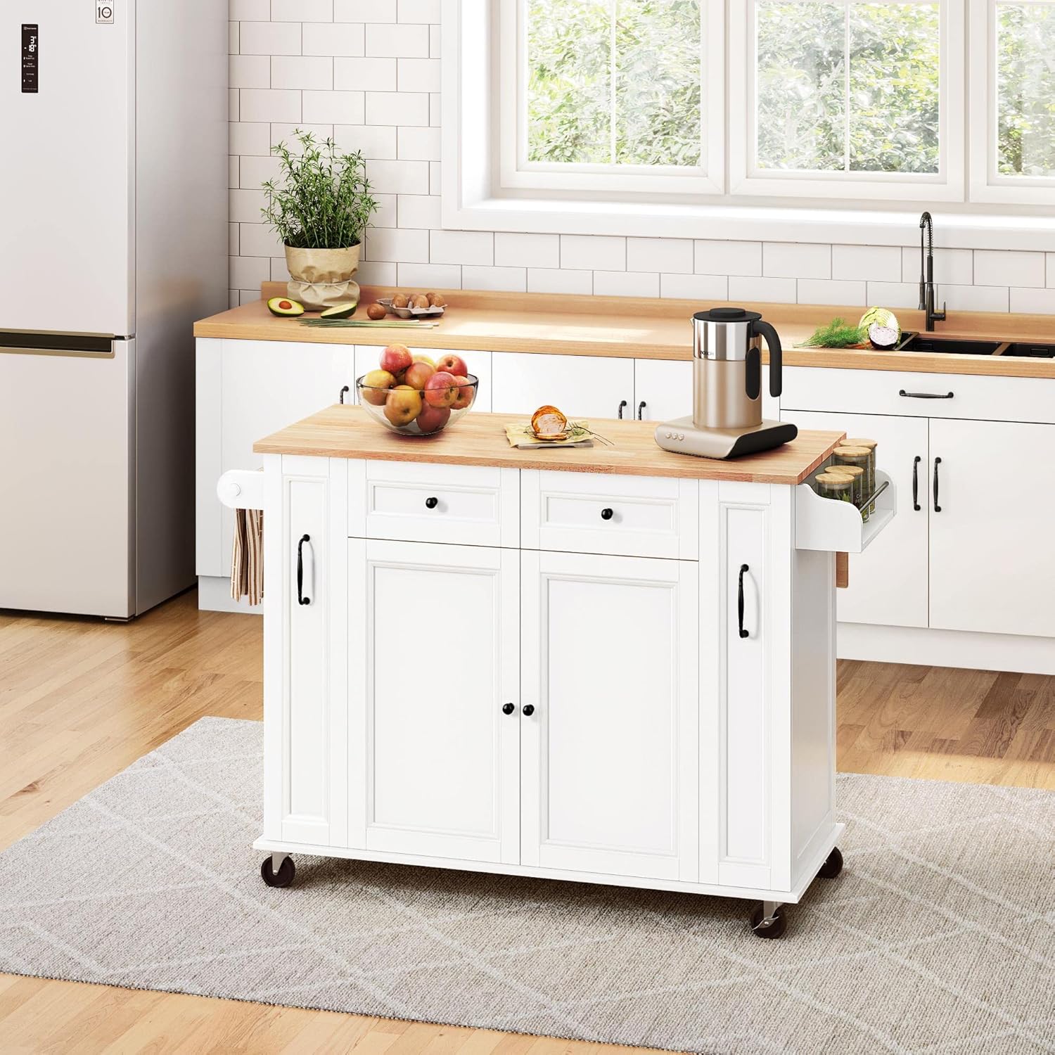 Yaheetech Desserte de Cuisine à roulettes Verrouillables,Îlot Central avec Plan de Travail Pliant,Étagère réglable,2 Tiroirs 2 Rangements Coulissants Latéraux 2 Porte-épices,Blanc,132× 48 × 91 cm LR1663180
