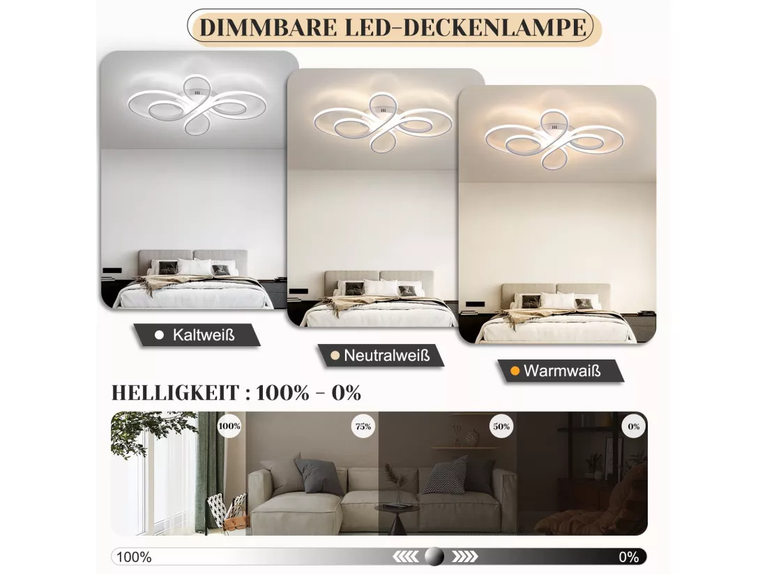 NETTLIFE Plafonnier LED Dimmable Grand 100cm 90W Moderne Blanc avec Télécommande Design