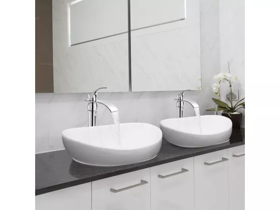 AuraLum Max 2pcs Mitigeur Lavabo Cascade Robinet Monocommand pour Lavabo et Vasque,Haute Bec pour Vasque à Poser -en Laiton,Chromé,EU Modèle