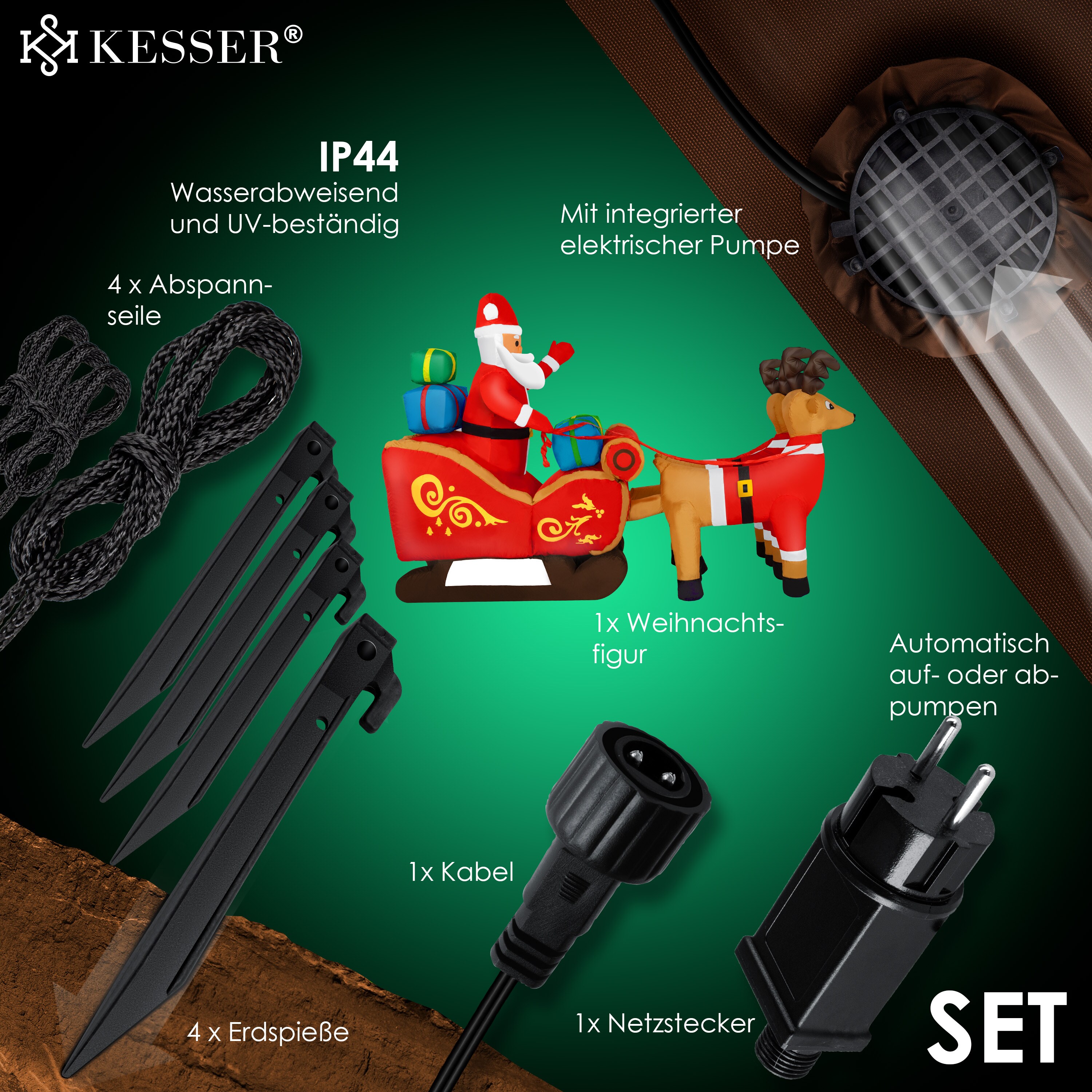 KESSER® Aufblasbarer Weihnachtsmann mit Schlitten XXL Nikolaus Rentiere Weihnachten Santa Claus Deko LED Beleuchtet inkl. Befestigungsmaterial Weihnachtsdekoration Weihnachtsdeko
