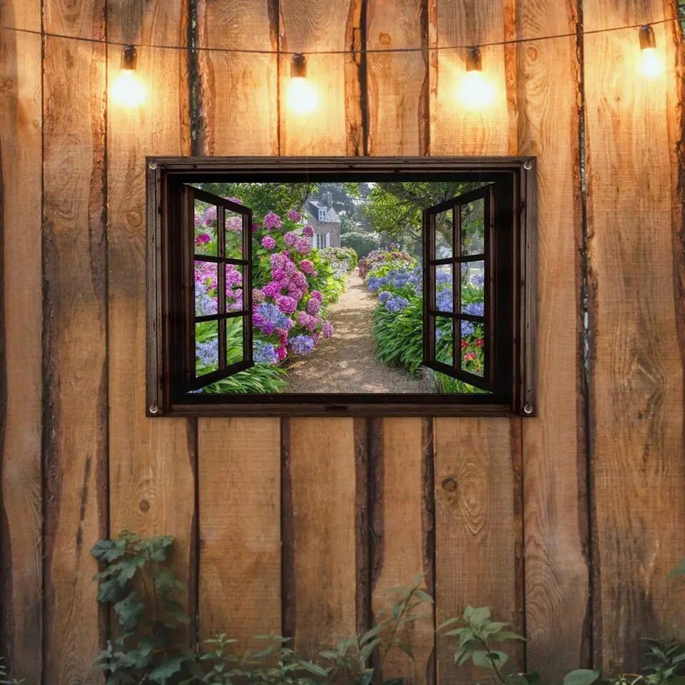 MuchoWow Tuinposter 90x60cm Hortensia Doorkijk Bloemen Paars