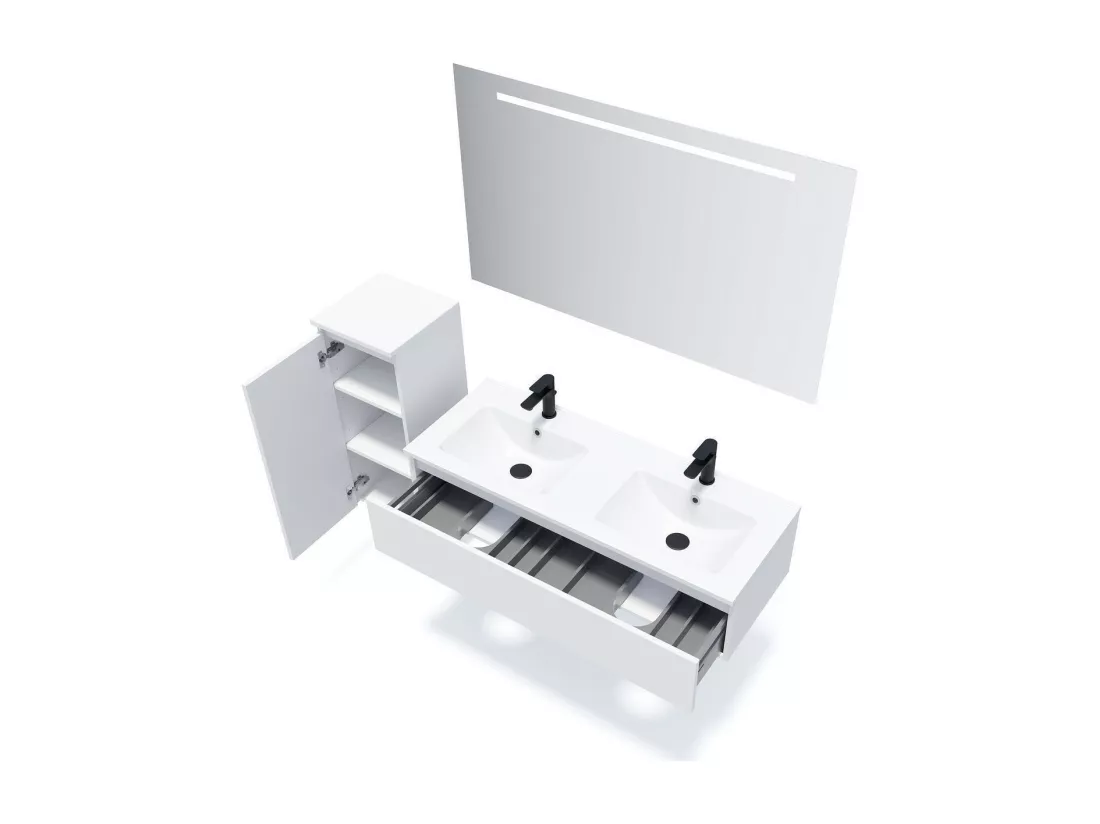 Meuble de salle de bain suspendu double vasque intégrée 120cm 1 tiroir Blanc - Hudson