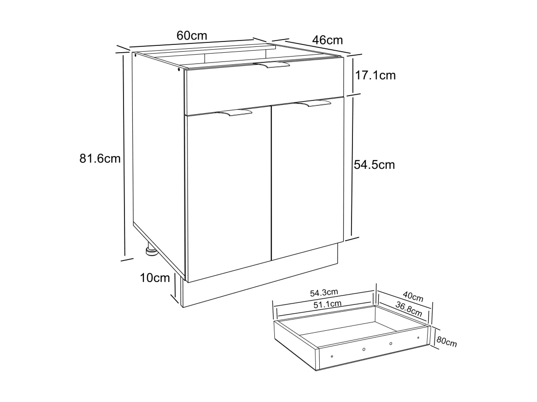 VCM Armoire de cuisine Largeur 60 cm Tiroir Meuble bas Cuisine Fasola