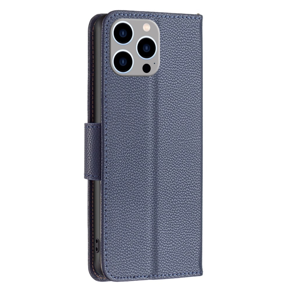 iPhone 14 Pro Max Leder Tasche Flip Cover im Litchi Look mit Kartenfach   Handschlaufe - Dunkelblau