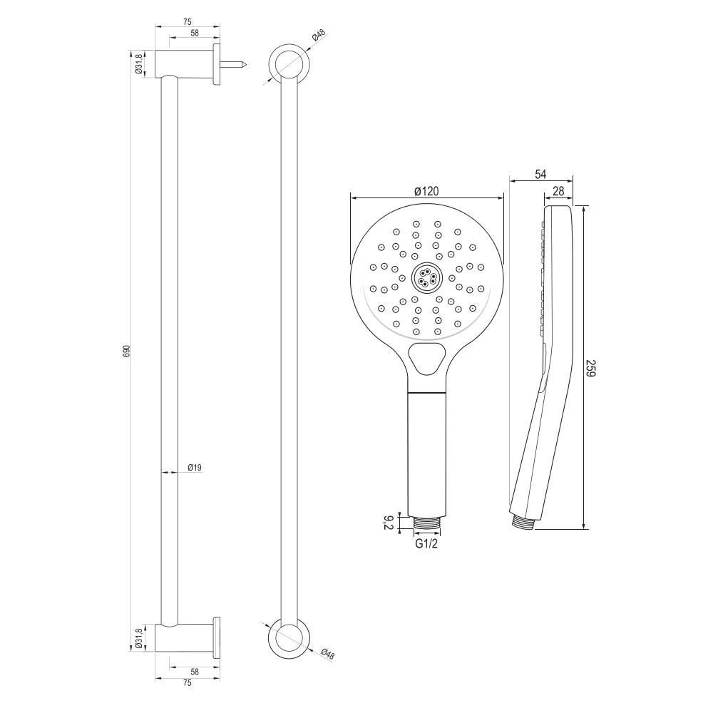 Brauer Brushed Carving thermostatische douchekraan met glijstang en 3 standen handdouche RVS geborsteld PVD