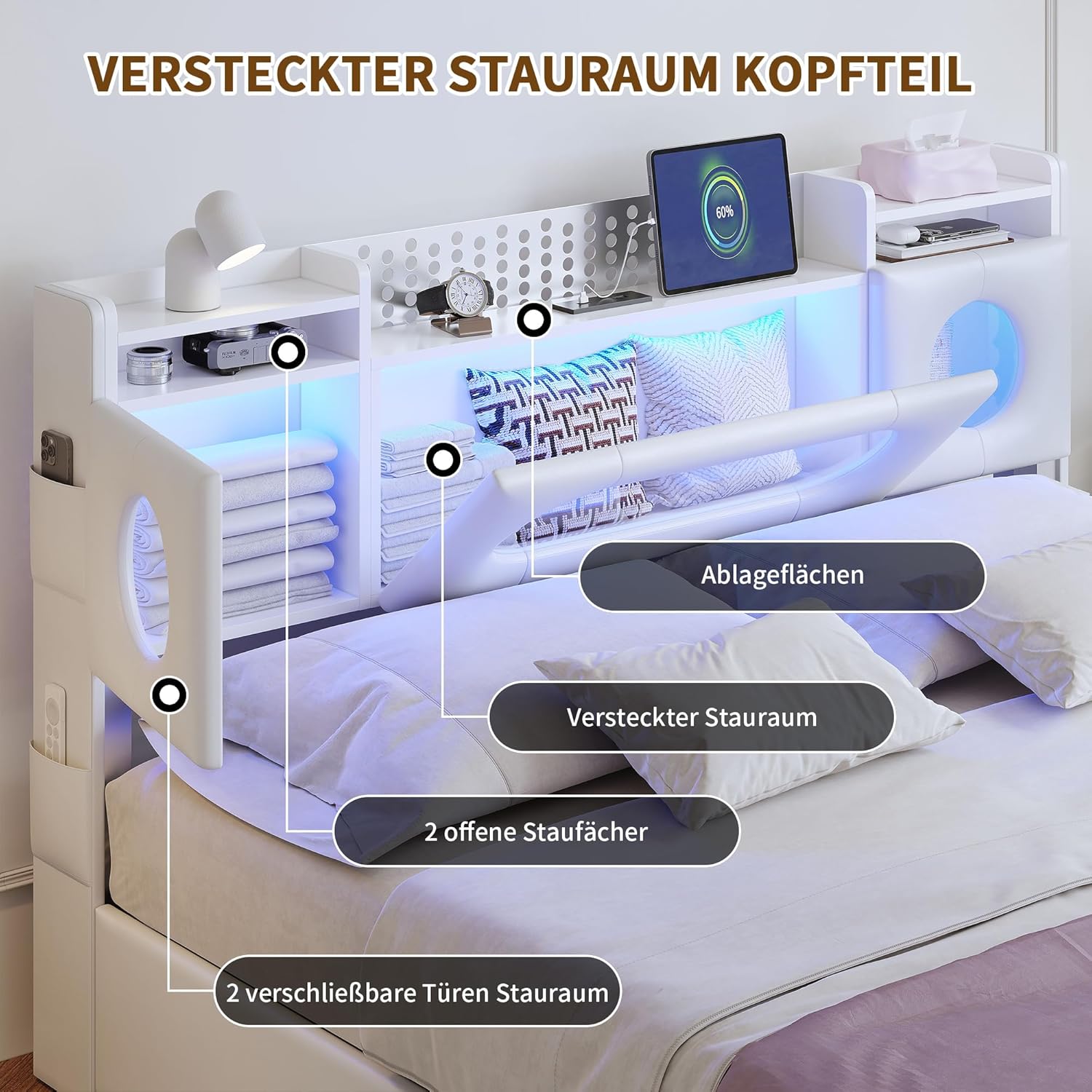 Polsterbett 160x200 mit mit Stauraum, Bett mit LED-Beleuchtung, USB-Anschluss, Eingebauter Stauraum im Kopfteil, Lattenrost, jugendbett, Hydraulisch Stauraumbett, Weiß, PU-Leder