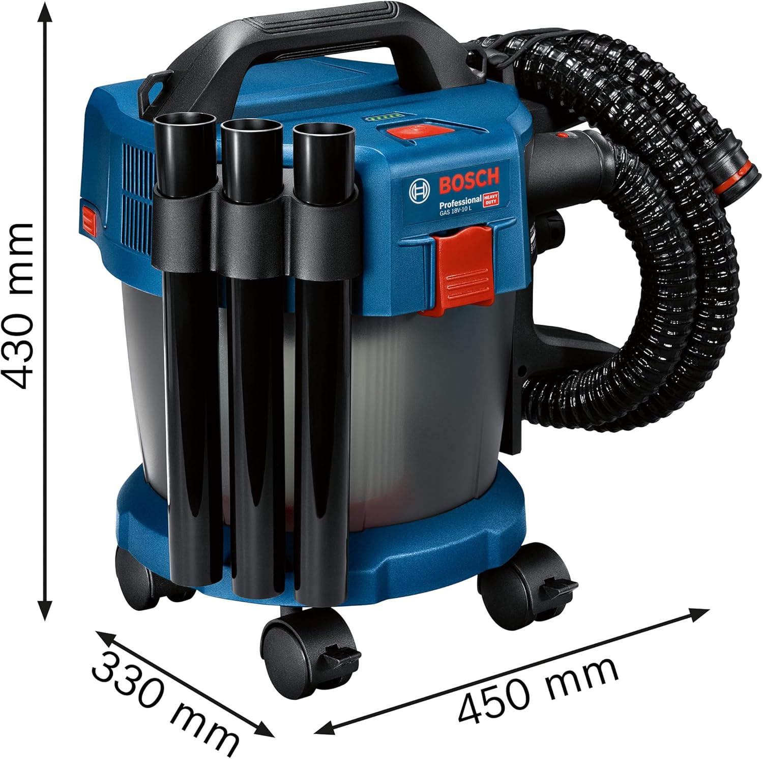 Bosch Professional 18V System Industriestaubsauger GAS 18V-10 L (inkl. 1,6 m Schlauch, 3 Verlängerungsrohre, ohne Akku/Ladegerät)