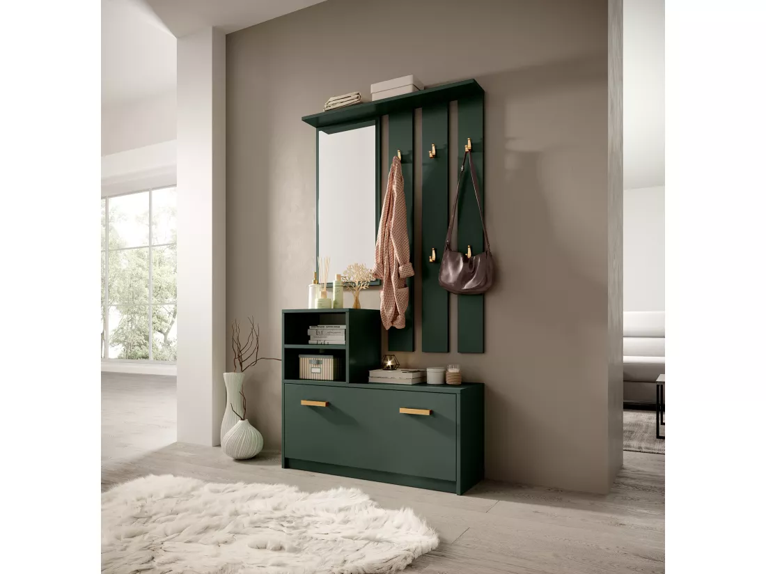Vestiaire d’entrée / Meuble d’entrée - vert bouteille - armoire à chaussures - portemanteau - miroir - 85 cm - YESFIR