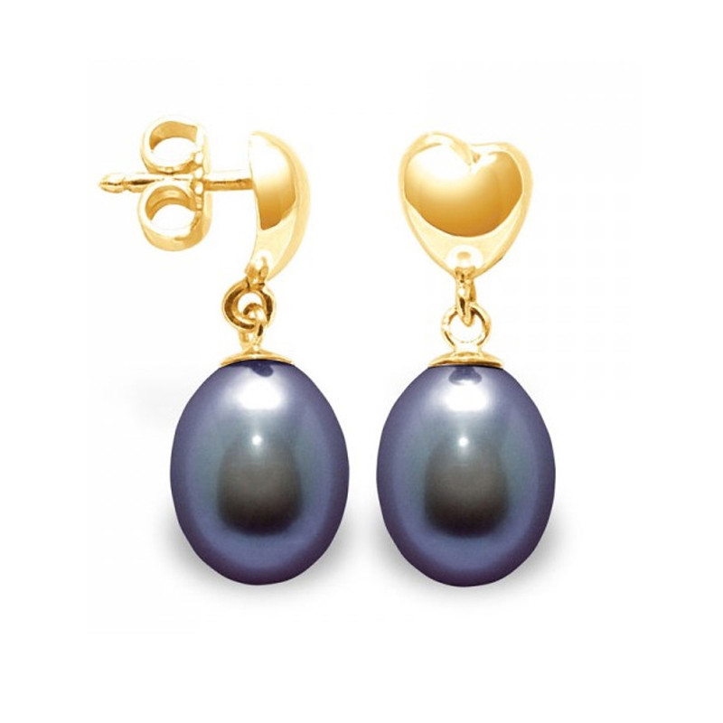 Boucles d'Oreilles Coeurs Pendantes Perles de Culture Noires et or jaune 375/1000