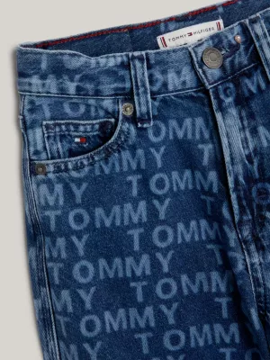 Calça jeans de perna larga com estampa de logotipo a laser