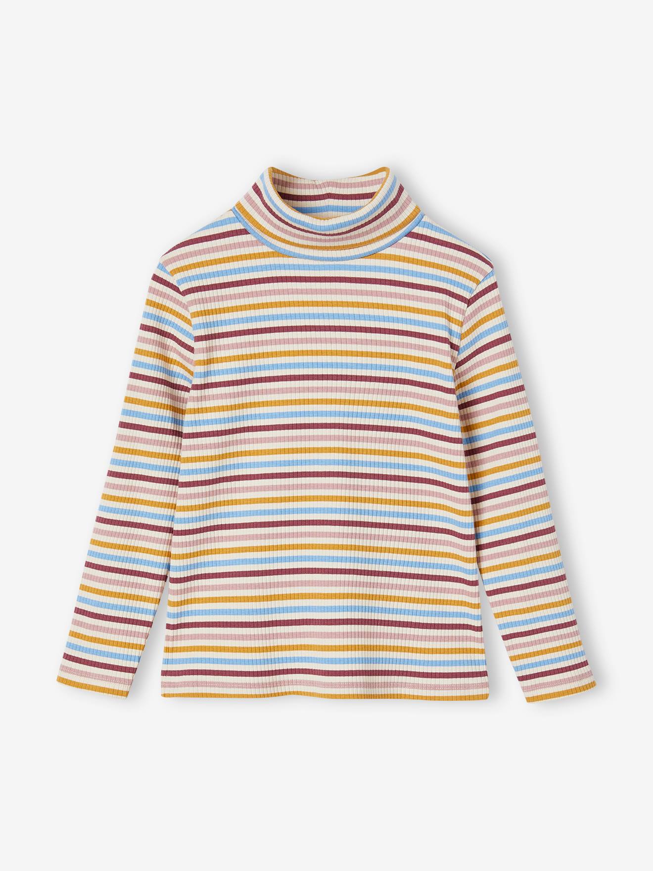 Camiseta de gola alta canelada multicolorida para meninas