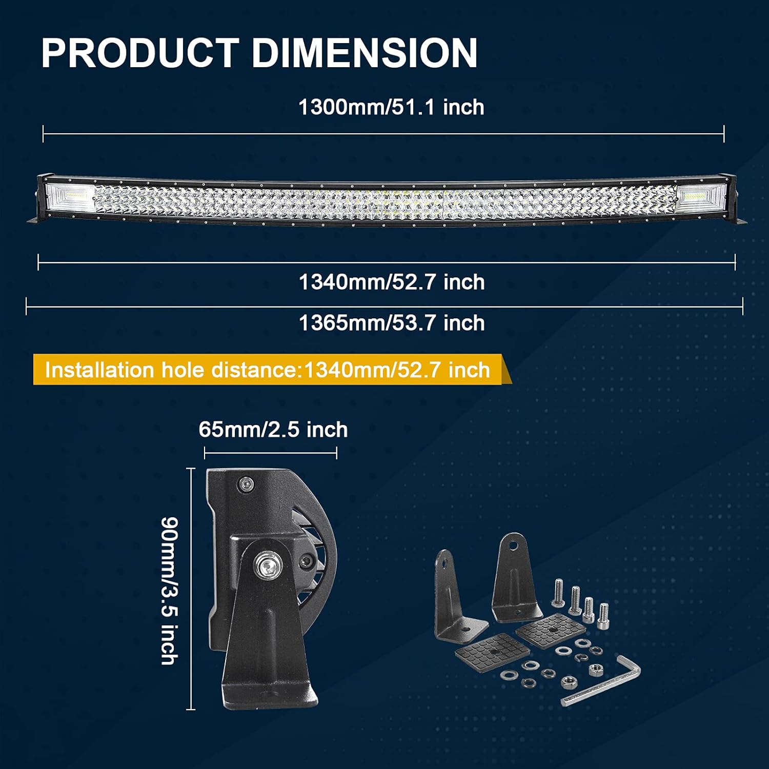 PICAA LED-Arbeitslichtleiste, 7D, gebogen, dreireihig, 132,1 cm, 675 W, Spot-Flutlicht, Kombi-Strahl-Lampe mit 2 x 10,2 cm 60 W LED-Pods, Fahrbootlichter für Auto, LKW, Offroad-Fahrlicht, SUV, UTE, 4