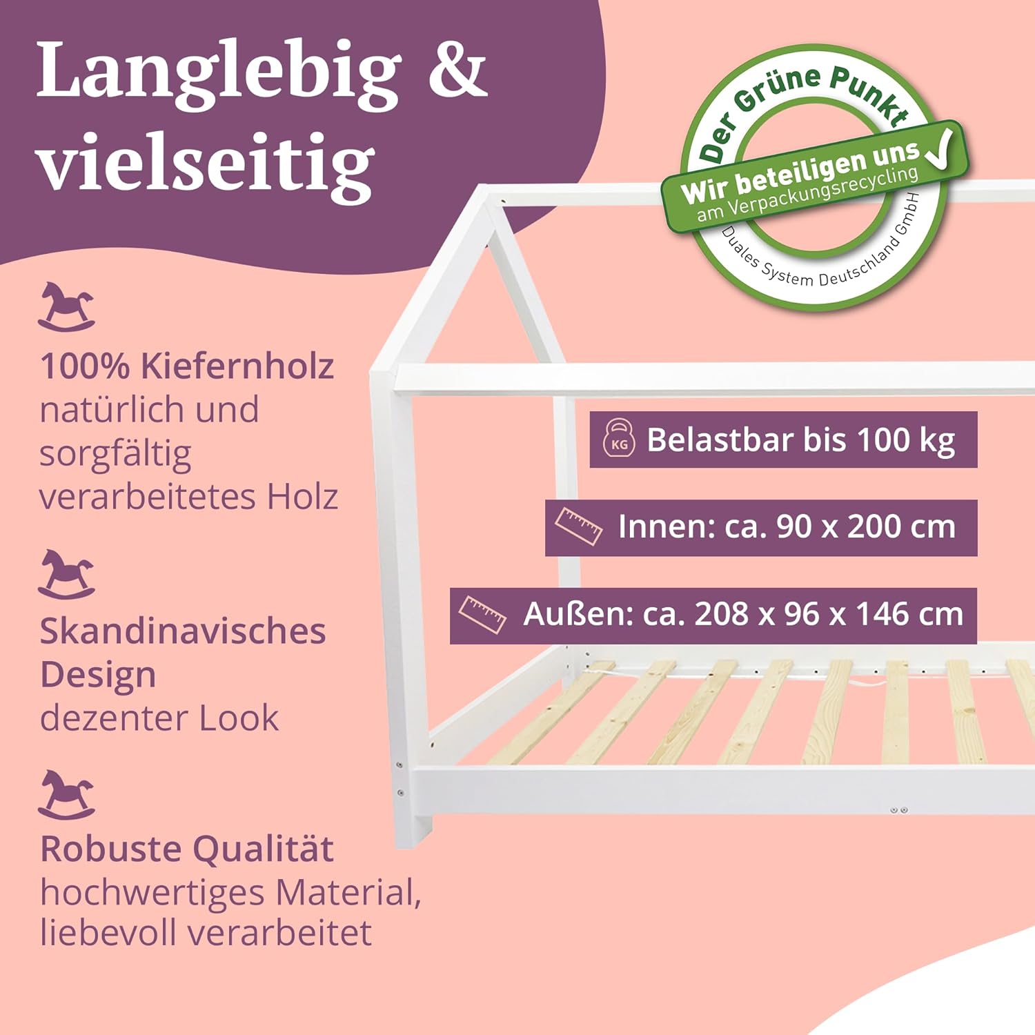 Puckdaddy® Finn | Hausbett 90x200 cm | Kinderbett aus Holz in Weiß | Bettrahmen im Hausbett-Design | Roll Lattenrost 90x200 | Hochwertiges Kinderzimmer & Jugendbett | Bett für Kinder von 3-16 Jahren
