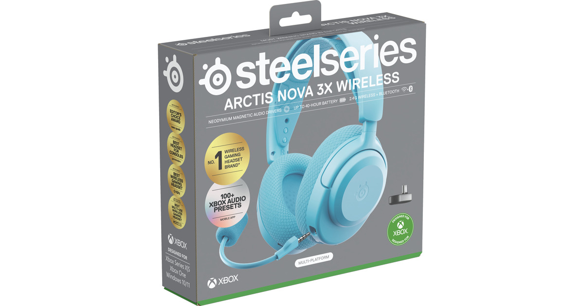 SteelSeriesArctis Nova 3X Wireless over-ear gaming headset  (Lichtblauw, 2.4 GHz / Bluetooth 5.3, Pc, Xbox Series X|S, Xbox One, Switch)