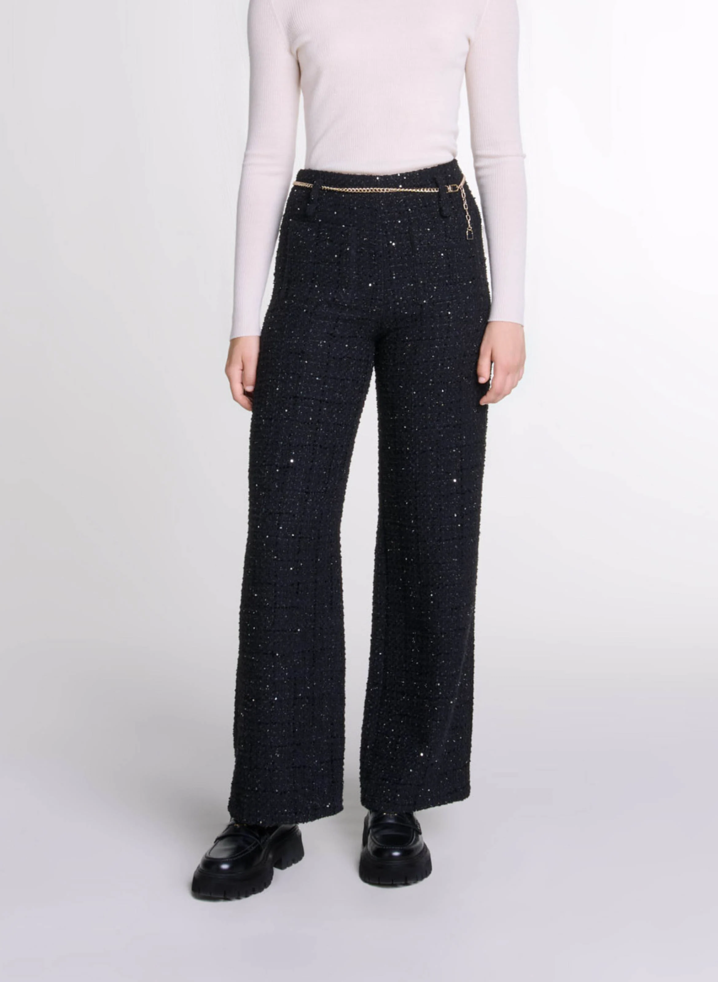 Pantalon droit en tweed brillant | Noir