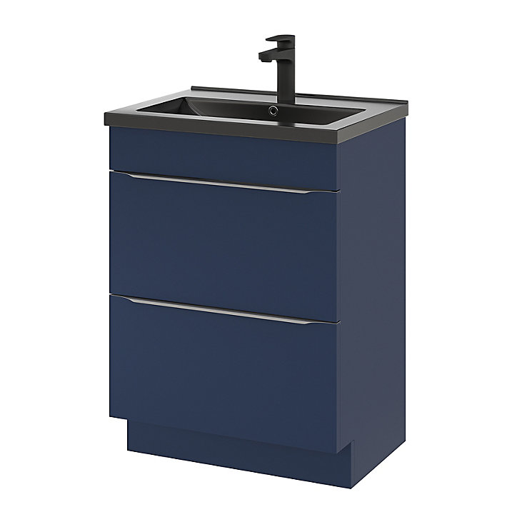 Ensemble salle de bains l.60 cm meuble à poser Imandra bleu nuit mat + plan vasque céramique noir