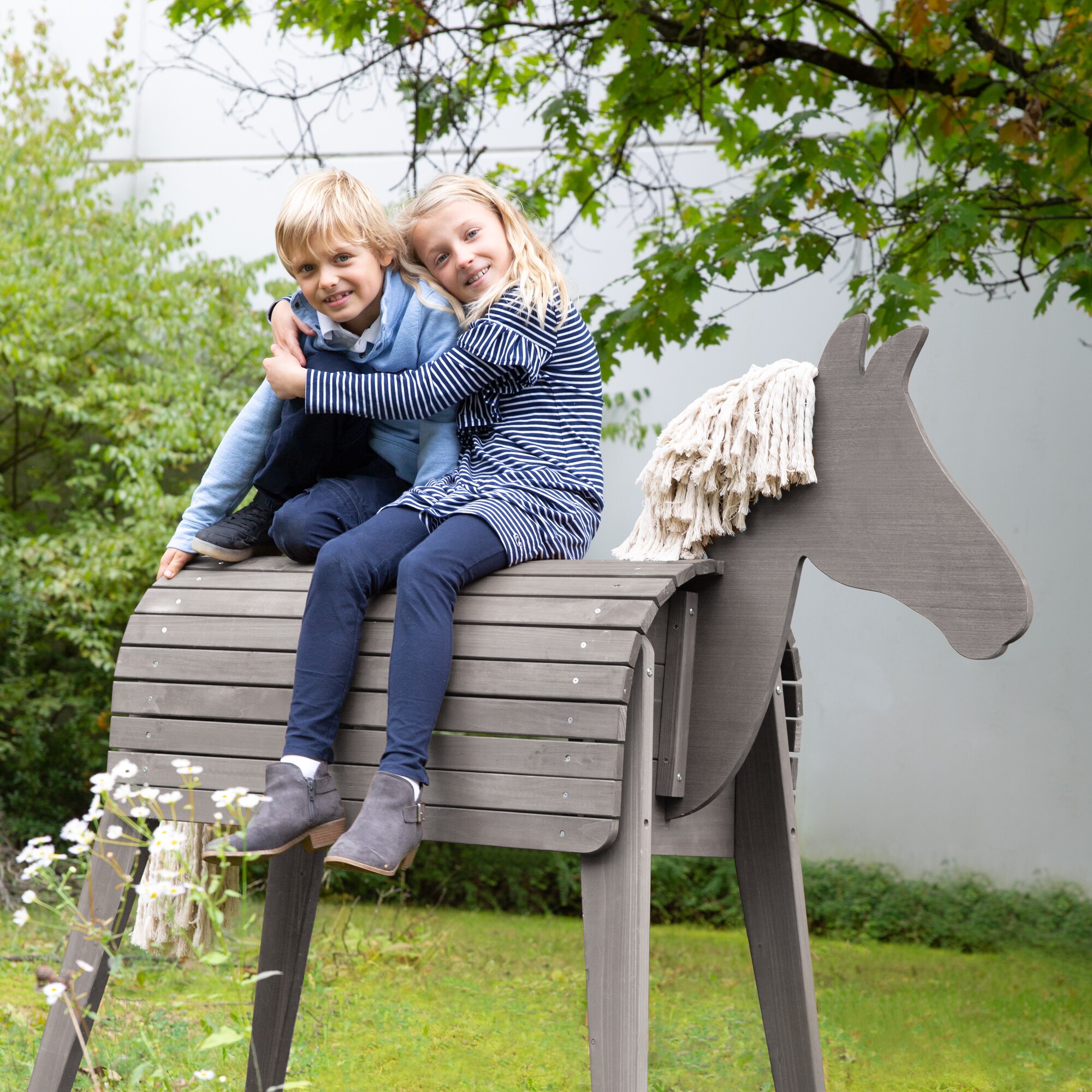 Voltigier- & Outdoor-Pferd, Massivholz grau lasiert, Gartenpferd mit Ma¨hne & Schweif